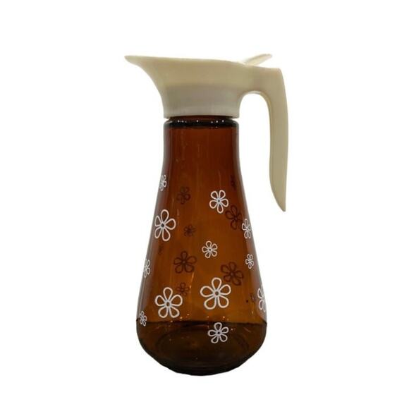 Vintage Thatcher Amber Glass Mod Flower Daisy Syrup Pitcher with Top - Picture 1 of 5